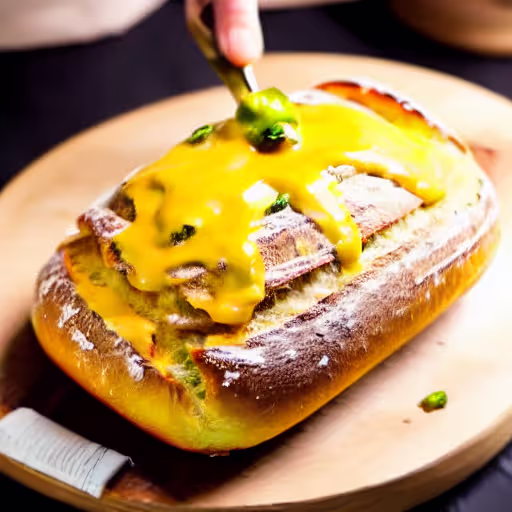 Baked Cheddar Ham & Spicy Sour Cream Dip in French Bread