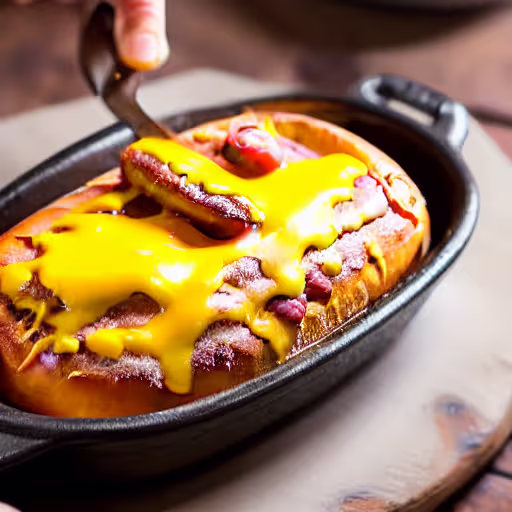 Cheesy Hot Dog Bake with Chili and Onion Mustard